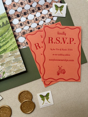 Vintage-style RSVP card with stamps and wax seals on a wedding envelope background and a textured surface