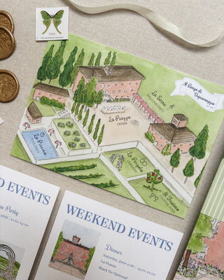 Map of a Tuscany wedding venue with event details on paper